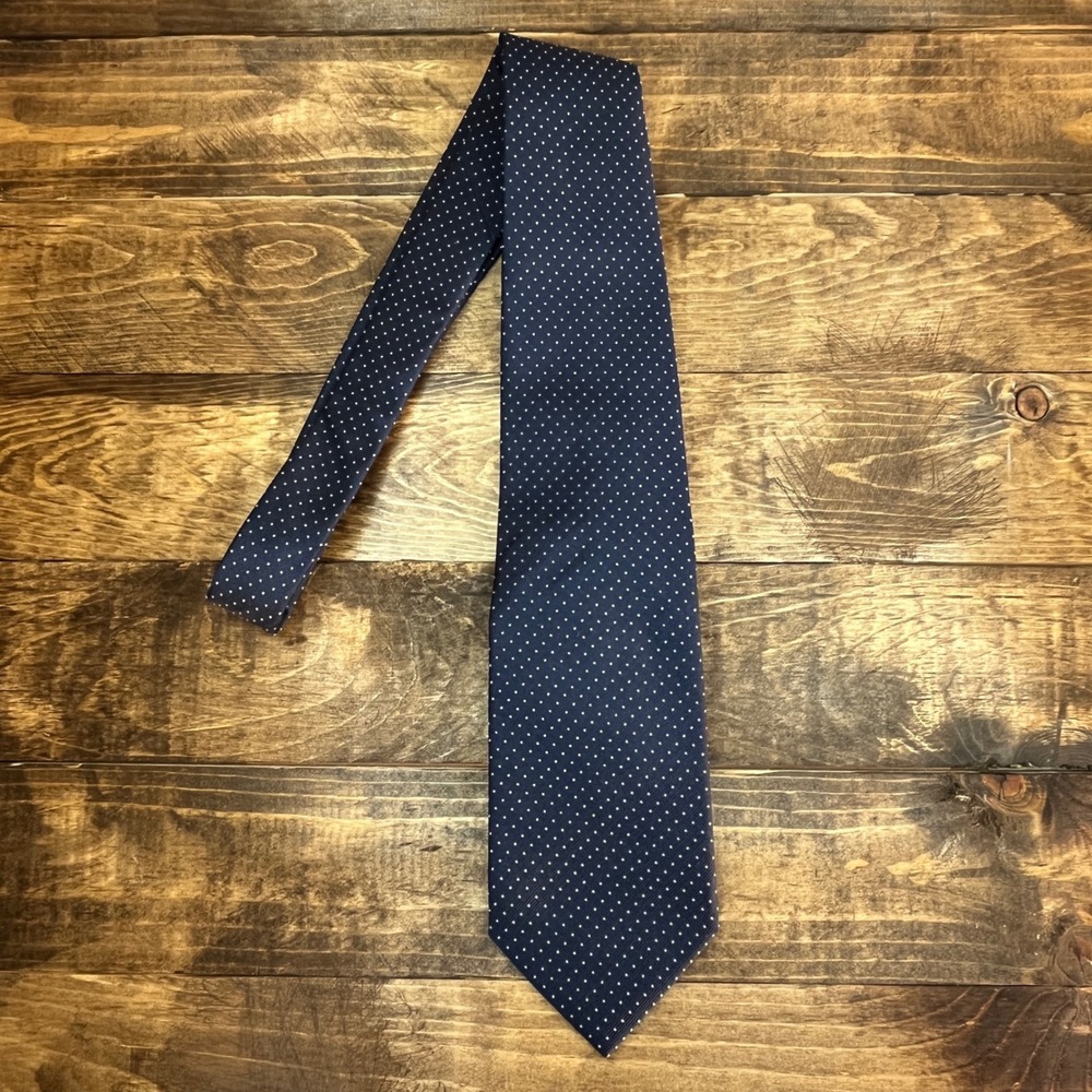 Obiettividarte Mens Navy Blue White Polka Dot 100% Silk Tie Made in Italy
